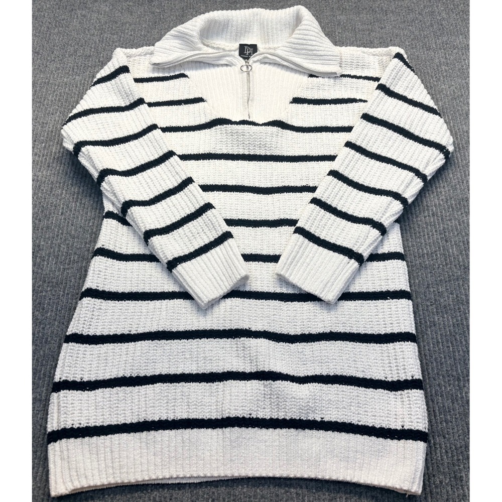 Derek Heart White Black Striped Chenille Quarter Zip Sweater Dress Large
